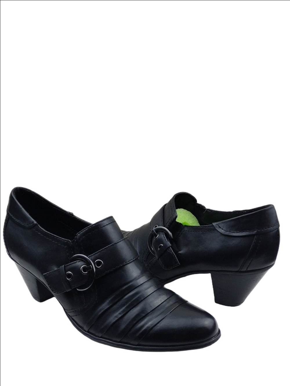 Maripe' Hansen Black Leather Ruched Buckle Upper Almond Toe Slip On Bootie Shoe